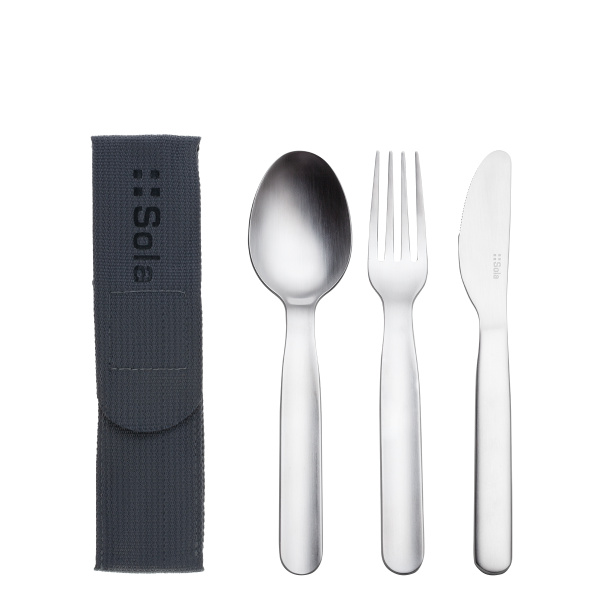 Besteckset 3-tlg. in Bag grau mit SOLA-Logo