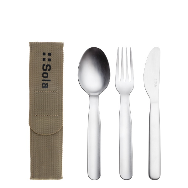 Besteckset 3-tlg. in Bag beige mit SOLA-Logo