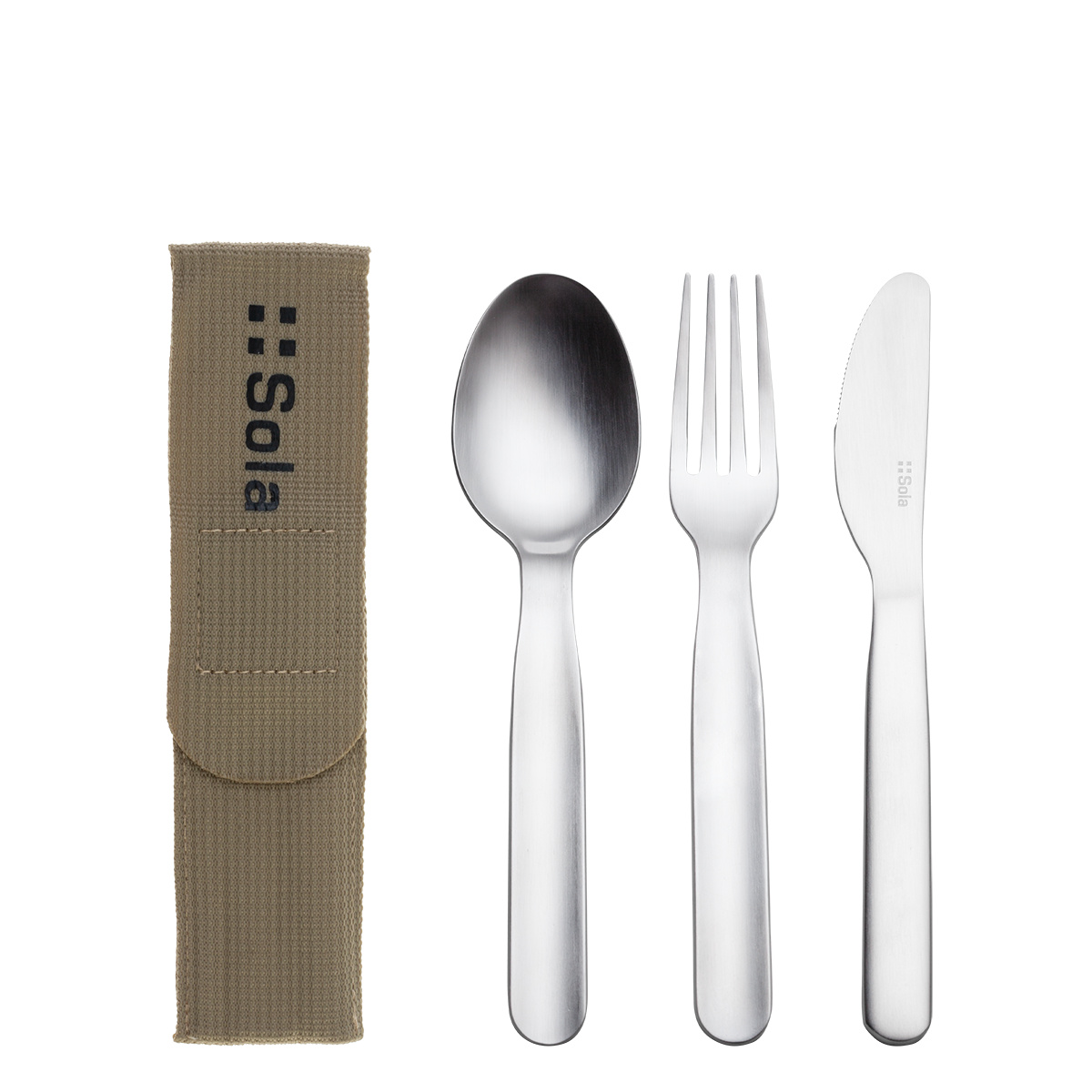 Besteckset 3-tlg. in Bag beige mit SOLA-Logo