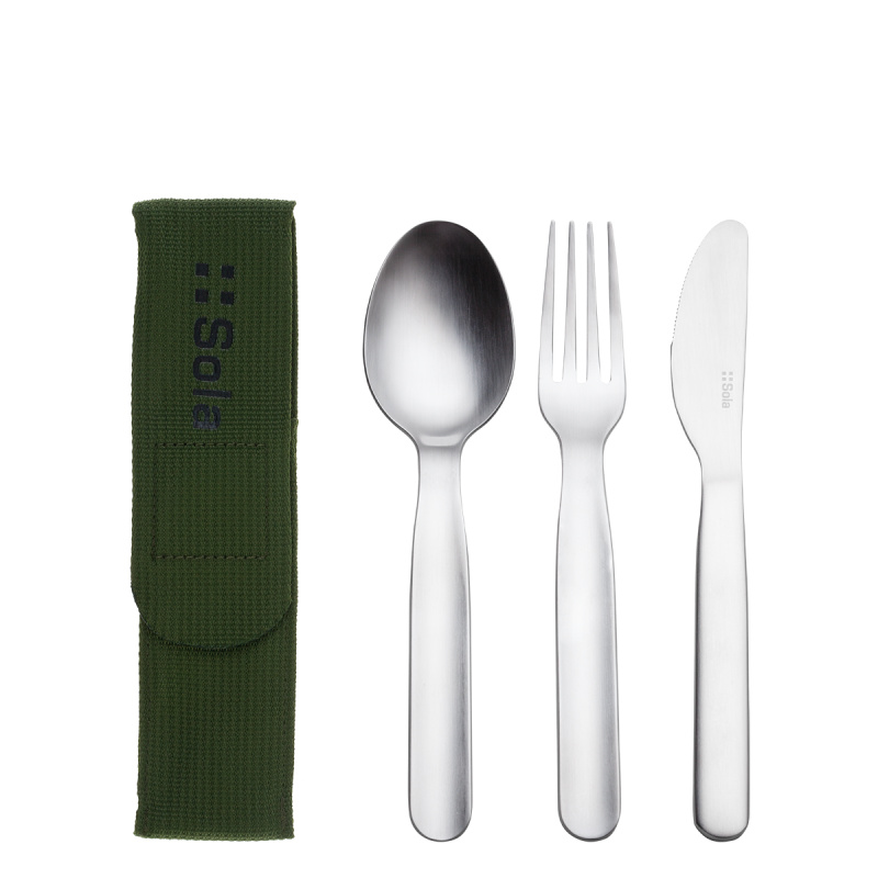 Besteckset 3-tlg. in Bag olive mit SOLA-Logo