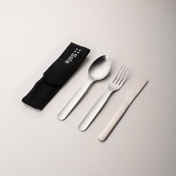 Besteckset 3-tlg. in Bag schwarz mit SOLA-Logo
