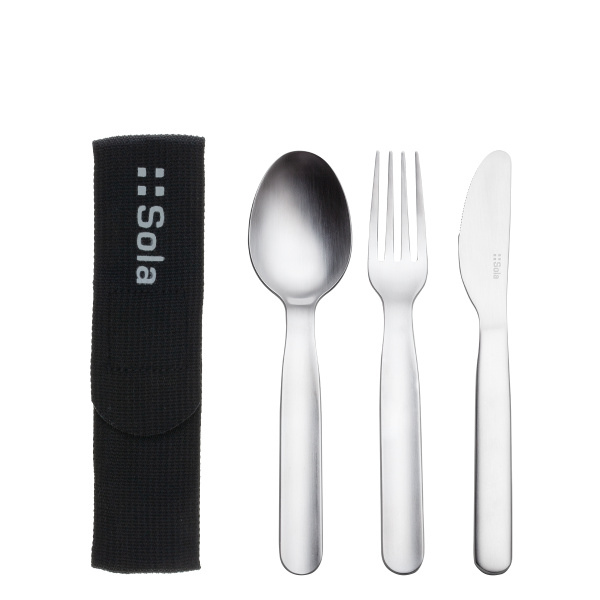 Besteckset 3-tlg. in Bag schwarz mit SOLA-Logo