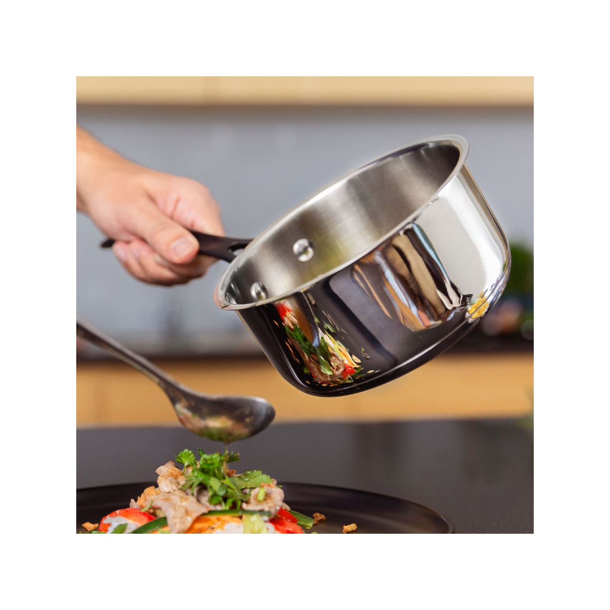 Stielkasserolle 16 x 7.5 cm, 1.5 lt, mit Glasdeckel Orion GAYA Inox mit Profigriffen