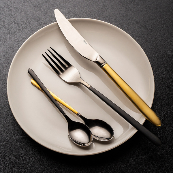 Besteck-Set 16-tlg. — Porto PVD dunkel Titan / gold sandgestrahlt