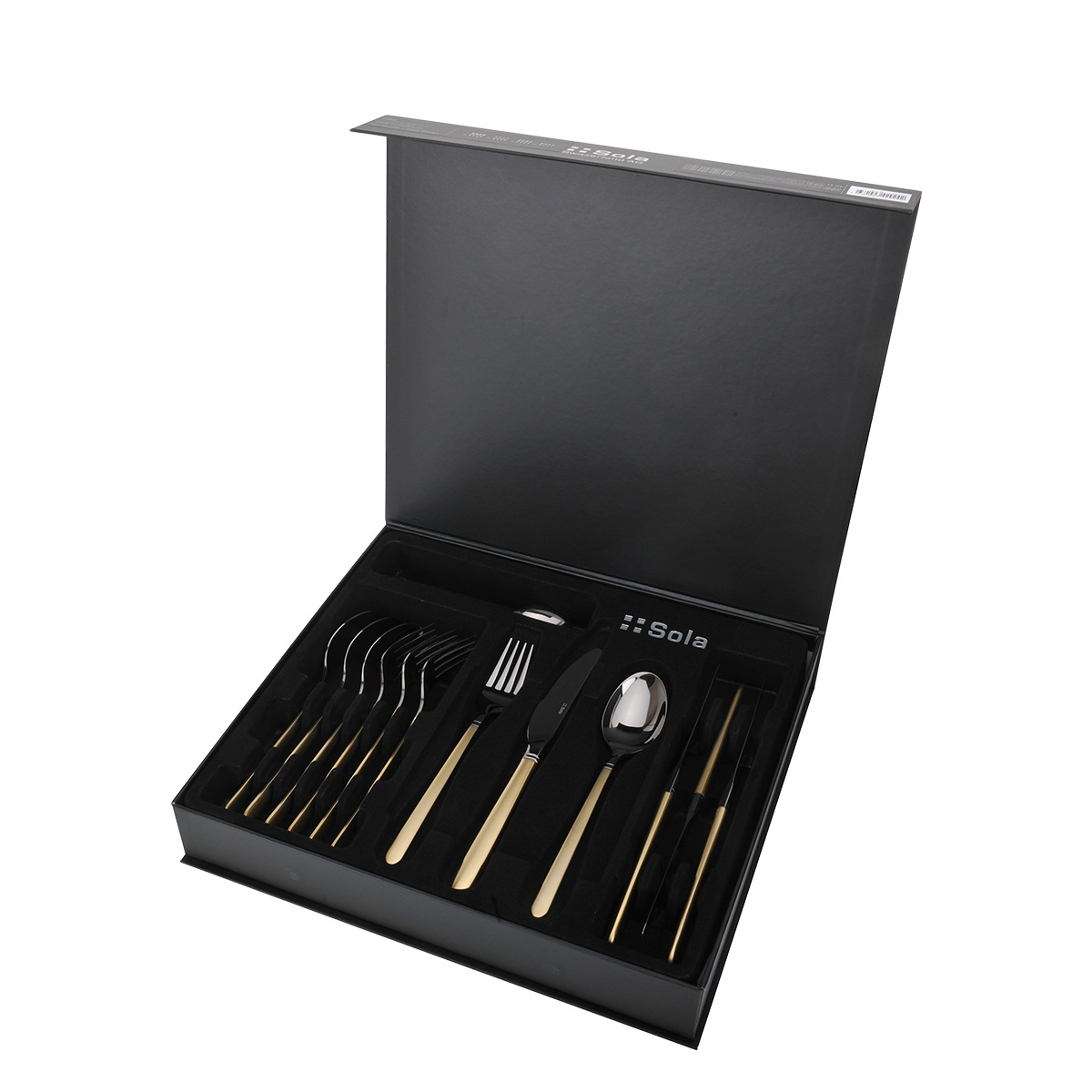 Besteck-Set 16-tlg. — Porto PVD dunkel Titan / gold sandgestrahlt
