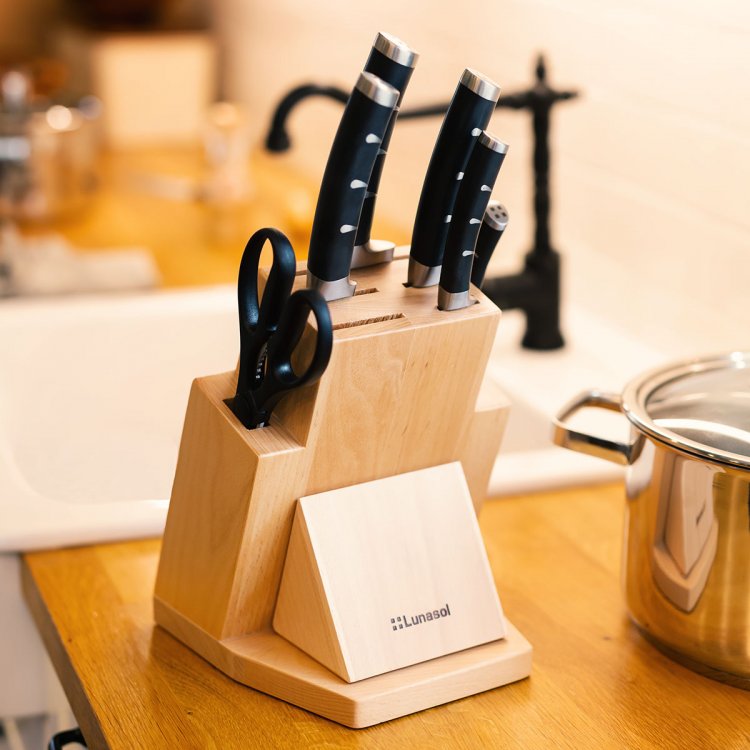 Messerset mit Holzständer, Schere und Schleifer - Flow Kitchen
