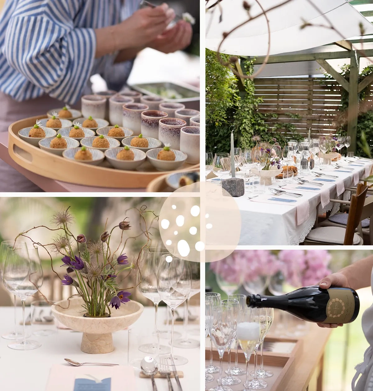 Ein gedeckter Tisch, das Servieren von Amuse-Bouche, das Einschenken von Champagner und ein Detail der Blumenvase in der Mitte des Tisches