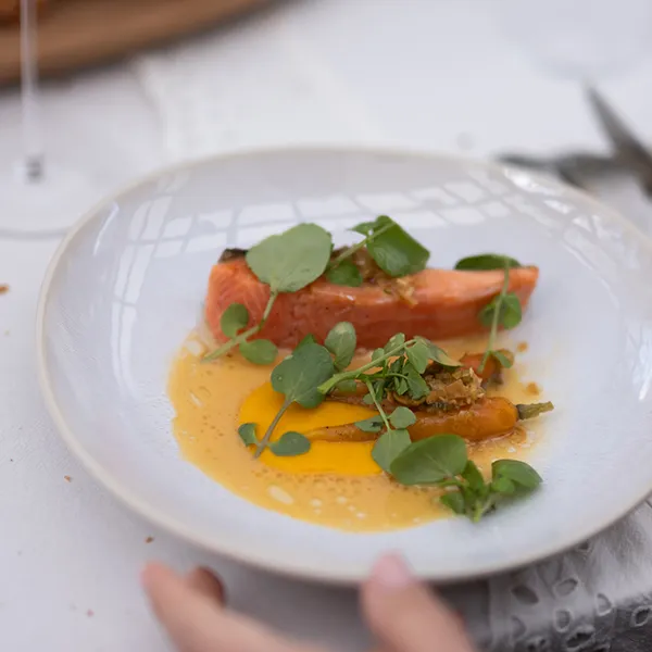 Lachs mit Frühlingskarotten und Kräutern auf einem Teller von Elements North Organic