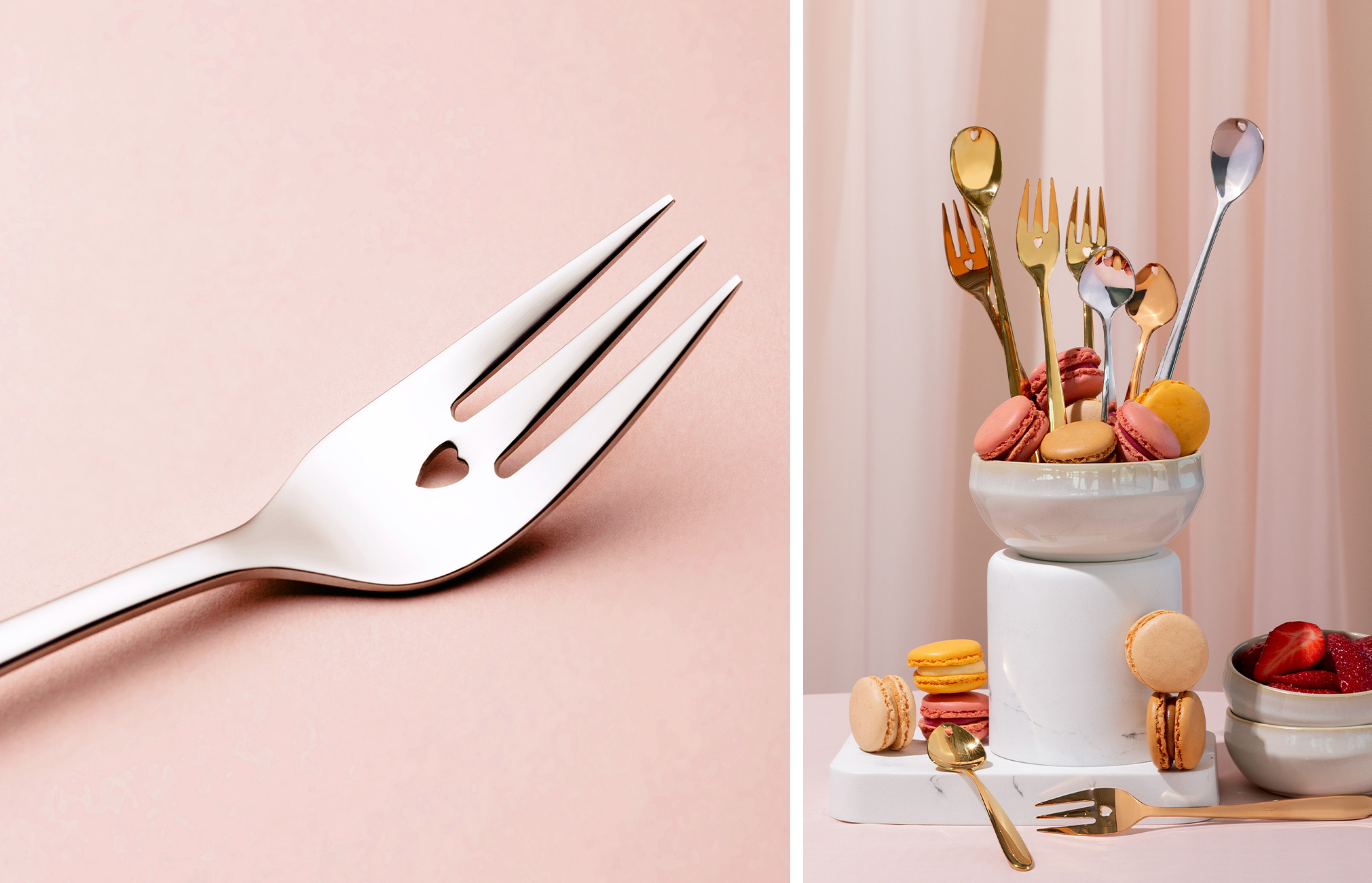 Collage mit dem Detail einer Gabel mit Herzchen und Desserts mit goldenem Besteck 